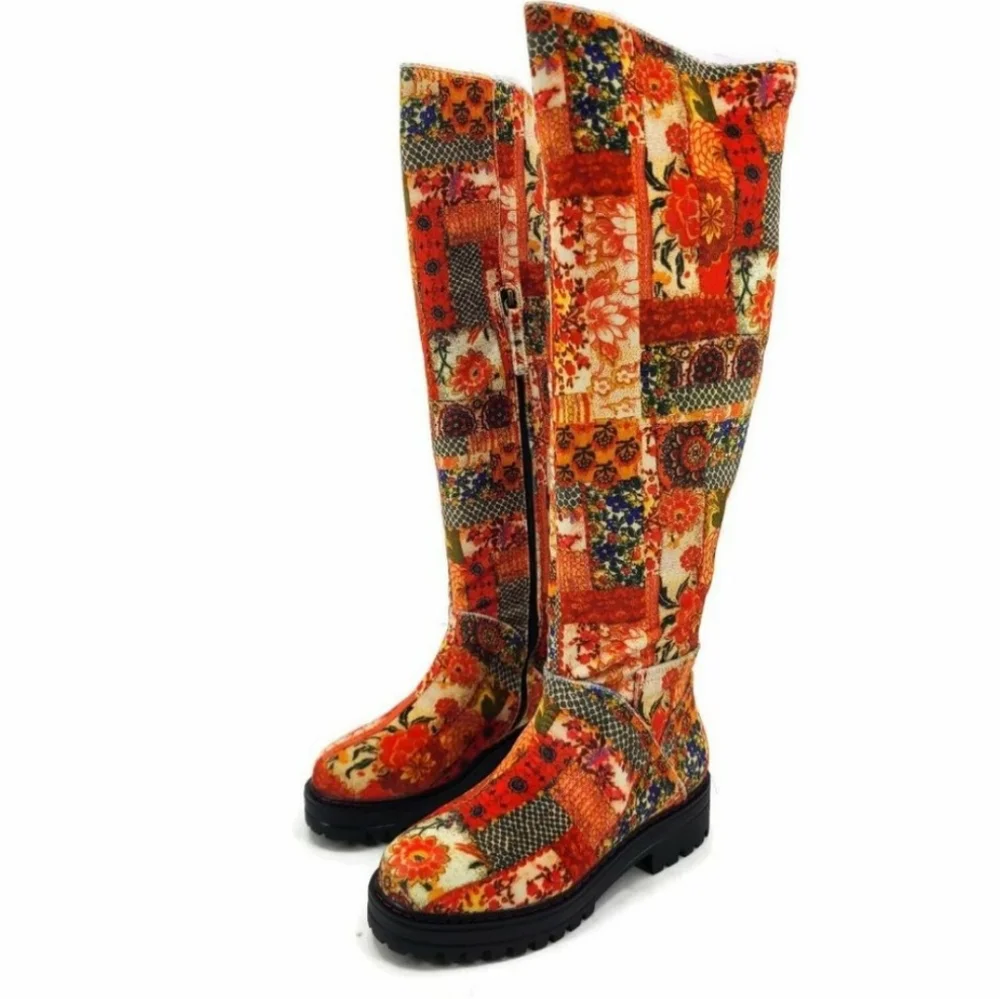 Free People Red Multi Patchwork Over-the-Knee Boots